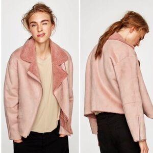 ZARA Cropped Jacket Suede Effect Faux Sherpa- Pink- Small